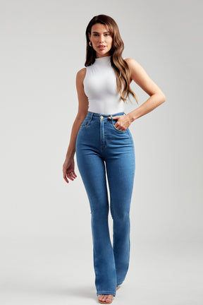 Calça Jeans Modeladora Flare Clássica Cós Super Alto